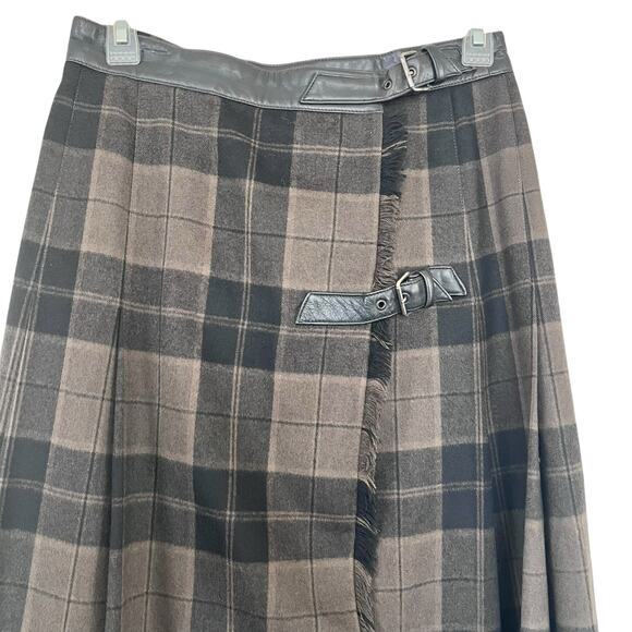 Escada Brown Black Plaid Wool Pleated Leather Belt Midi Kilt Skirt Size 38/ US M - Picture 3 of 12